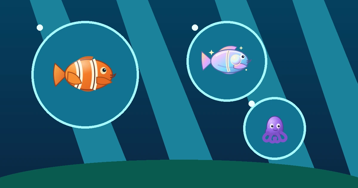 AQUASORT reef scene with glass bubbles and colourful sea creatures